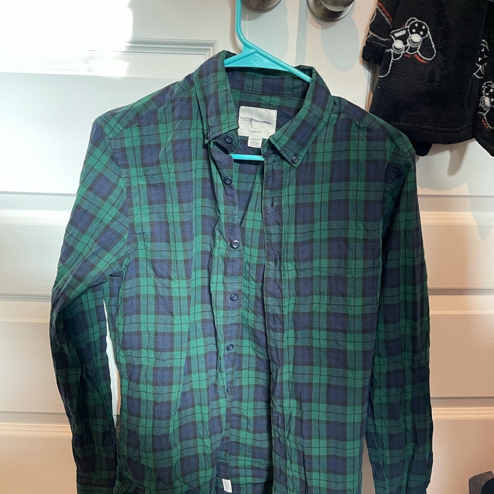 American Eagle Outfitters Green and Blue Casual Button Down Shirt